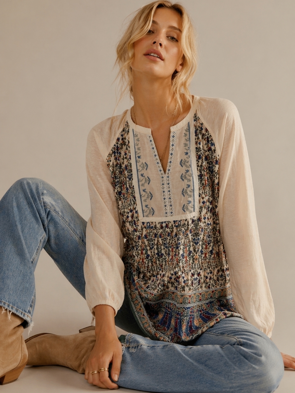 Vintage America Cream Boho Embroidered Tunic with Blue Floral Panel